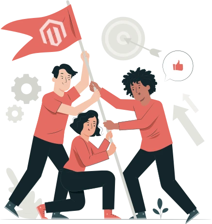 grafica persone che piantano una bandiera con il logo magento