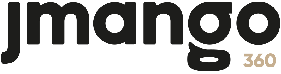 Il logo JMango360 presenta la parola jmango in grassetto nero minuscolo, con la g che forma una forma circolare, e 360 in marrone chiaro in basso a destra, che riflette progetti e-commerce e 