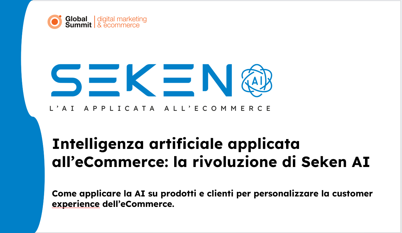 Una diapositiva di presentazione con il logo di Seken AI. Testo: Intelligenza artificiale applicata all'eCommerce: la rivoluzione di Seken AI. Dall'interesse all'acquisto: tre soluzioni per c