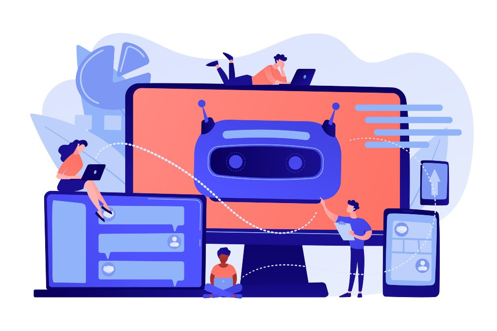 Illustrazione di persone che interagiscono con chatbot su dispositivi digitali, che simboleggiano la comunicazione online, l'intelligenza artificiale e l'Accessibilità Digitale ed e-Commerce: