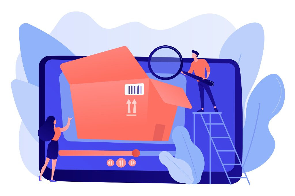 Illustrazione di una donna e un uomo che esaminano un grande pacchetto sullo schermo di un tablet, a simboleggiare Browser AI: la nuova frontiera del web nel 2025? L'uomo è in piedi su una sc