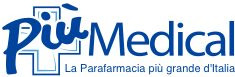 Logo di Più Medical con una croce blu sullo sfondo. La tagline sottostante recita: La Parafarmacia più grande d'Italia in testo blu, riflettendo lo stile moderno spesso associato a Zita Fabia