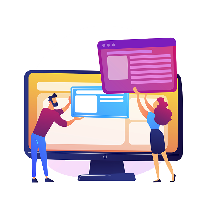 Illustrazione di un uomo e una donna che sistemano grandi elementi colorati dell'interfaccia di un sito web sul monitor di un computer, a simboleggiare il web design e i progetti e-commerce o