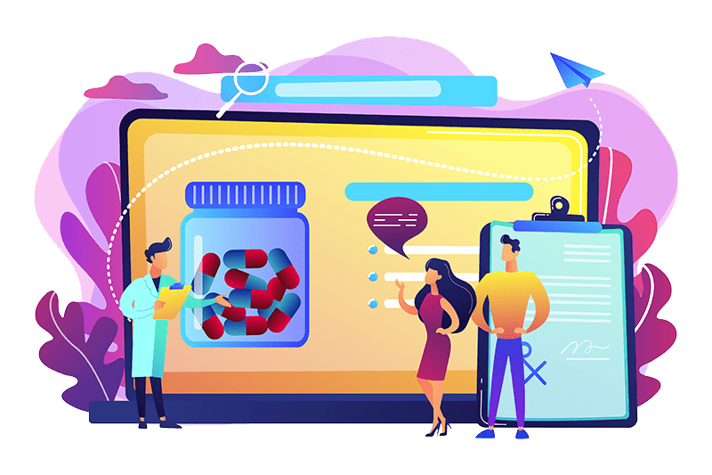 Grafica di persone e video con farmaci