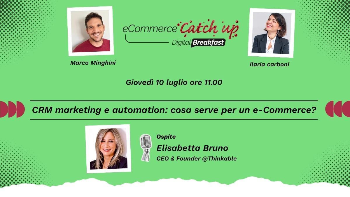 Banner promozionale per "eCommerce Catch-Up Digital Breakfast: Accessibilità web" con foto di Marco Minghini, Ilaria Carboni e dell'ospite Elisabetta Bruno. Unitevi a noi il 10 luglio alle 11