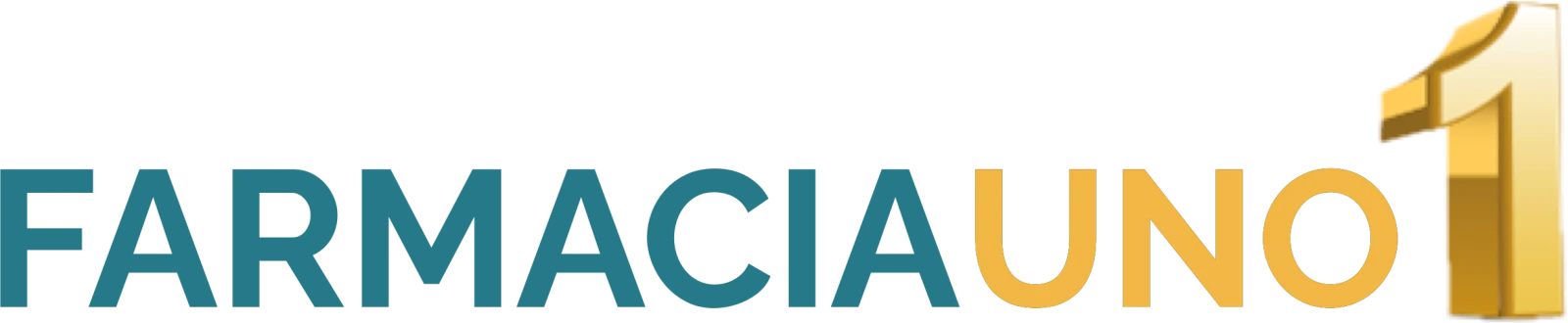 Logo con il testo Farmacia UNO; Farmacia è in lettere blu-verdi, mentre UNO e il numero 1 sono in oro, riflettendo progetti ecommerce su misura.