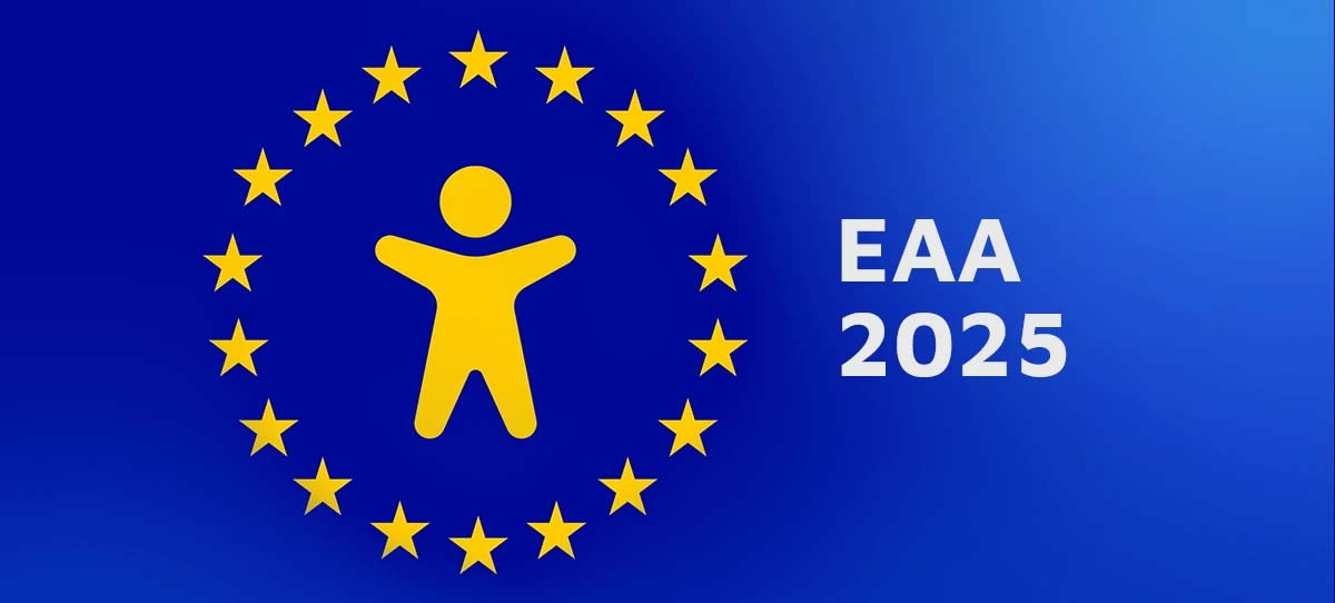 Una figura stilizzata gialla è circondata da un cerchio di stelle gialle su sfondo blu, a simboleggiare «Accessibilità web e-commerce: 10 best practice WCAG 2.1». A destra, una scritta bianca