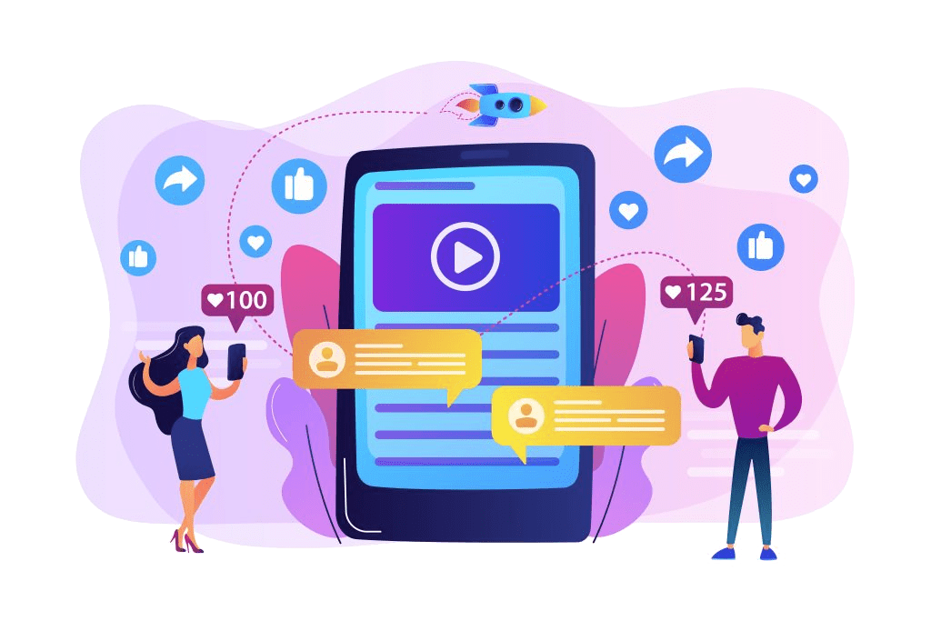 Illustrazione di una donna e di un uomo che utilizzano uno smartphone, impegnati su un grande schermo a visualizzare un video, i like e i commenti, circondati dalle icone dei social media. In