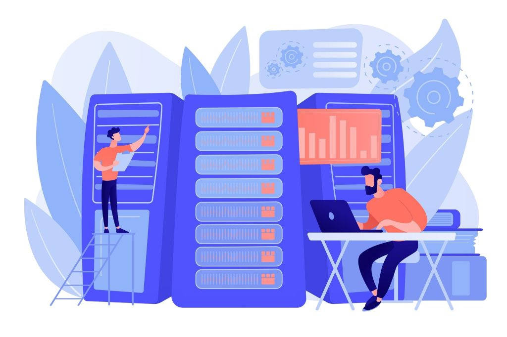 Illustrazione di un uomo su una scala che lavora con i server e un altro alla scrivania che utilizza un computer portatile, con grafici e ingranaggi sullo sfondo, che cattura l'essenza di Pre
