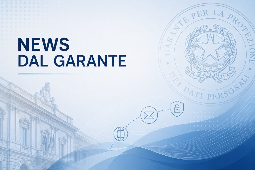 Grafica blu con testo in italiano “Notizie dal Garante”, timbro ufficiale, icone relative al web, alla posta elettronica e ai documenti, e un’immagine sfocata di un edificio storico sullo sfo